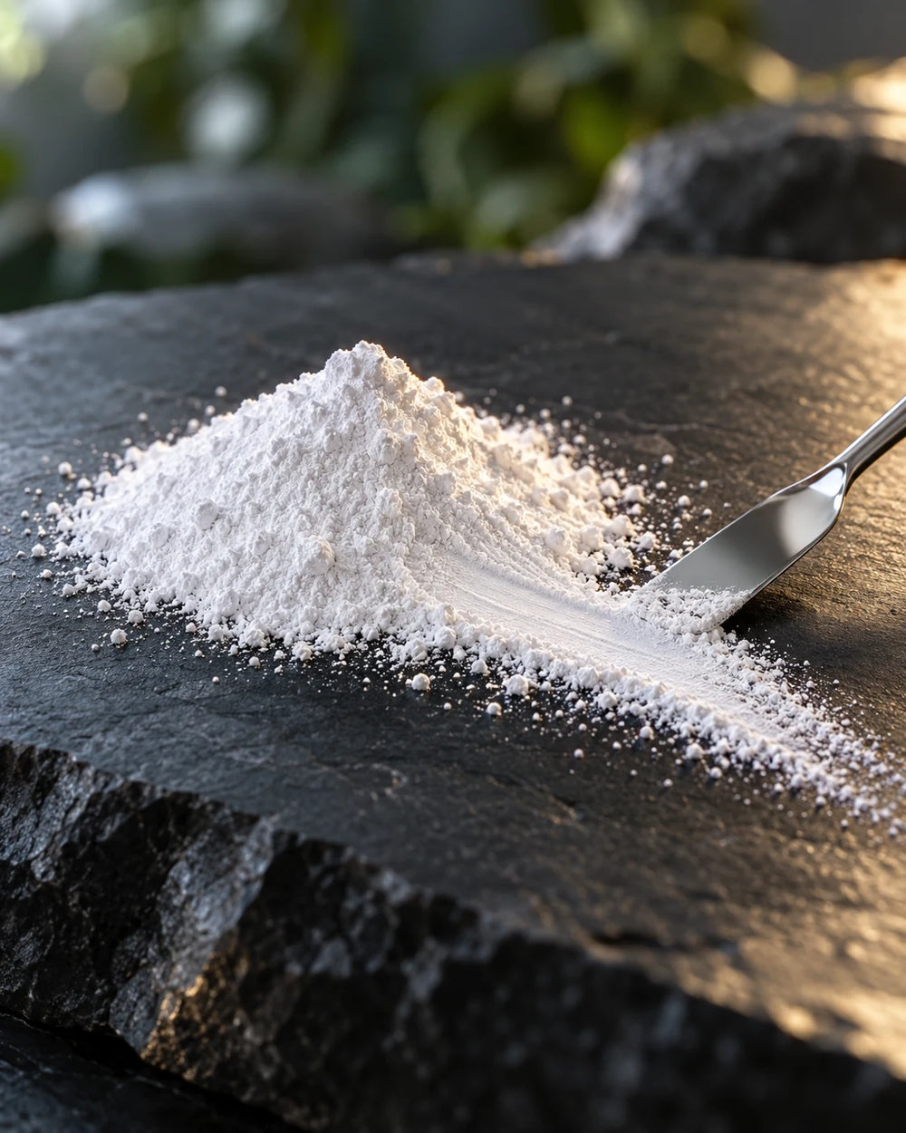 Óxido de zinc en polvo blanco sobre piedra oscura