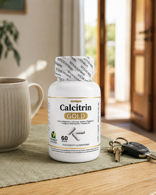 Calcitrin sobre mesa de desayuno junto a taza y llaves