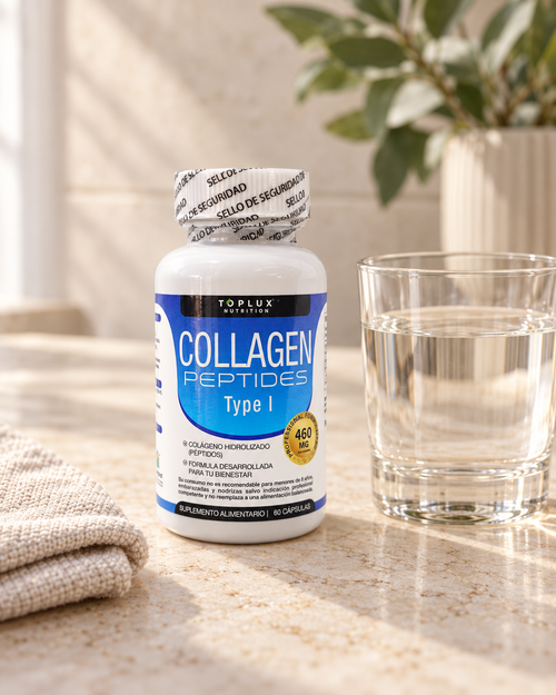 Collagen Peptides Toplux tipo I, 60 cápsulas: escena junto a un vaso de agua