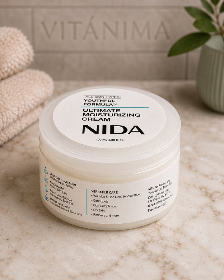 Crema NIDA · Youthful Formula · Hidratación facial con niacinamida y ácido hialurónico