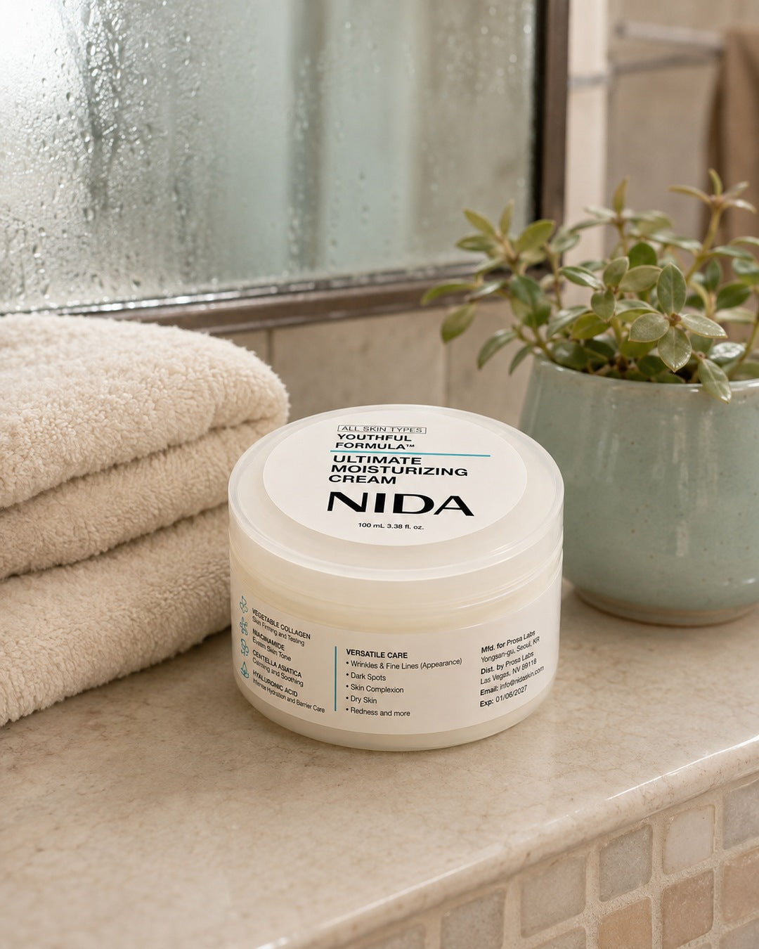 Crema NIDA en repisa de baño
