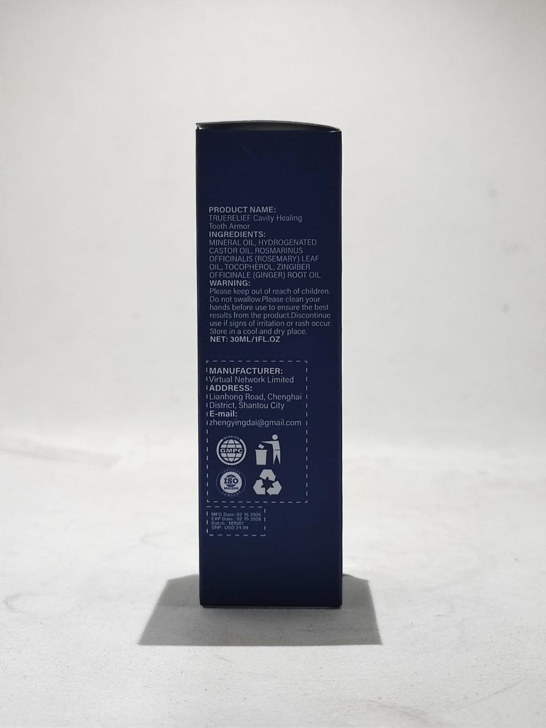 Lista de ingredientes y advertencias de la caja del producto de cuidado dental