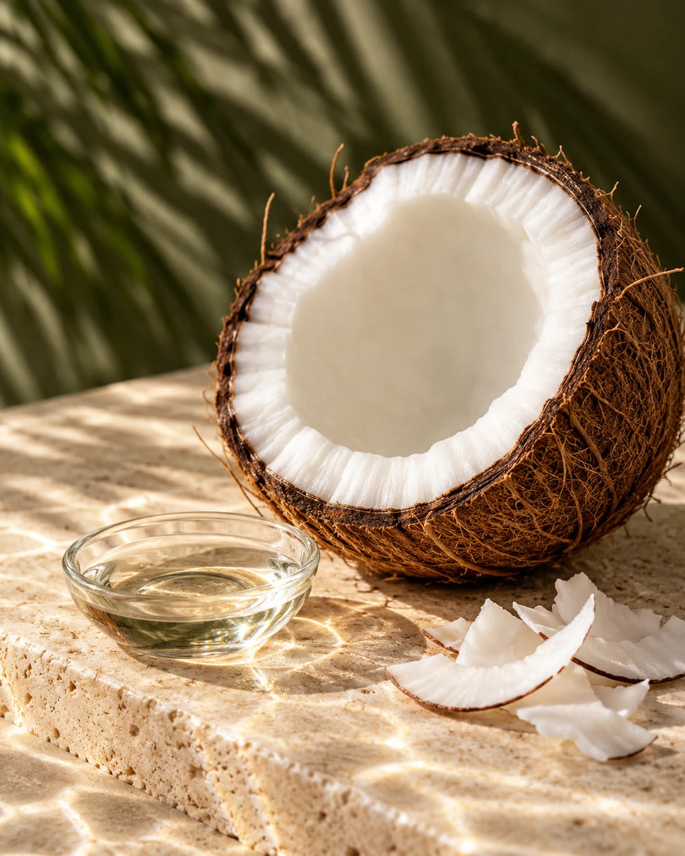 Aceite de coco representado con coco abierto y una pequeña fuente de aceite