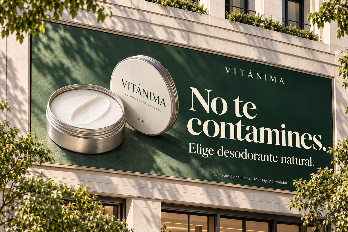 Pieza de valla: «No te contamines. Elige desodorante natural». Concepto de campaña; mensaje por validar.