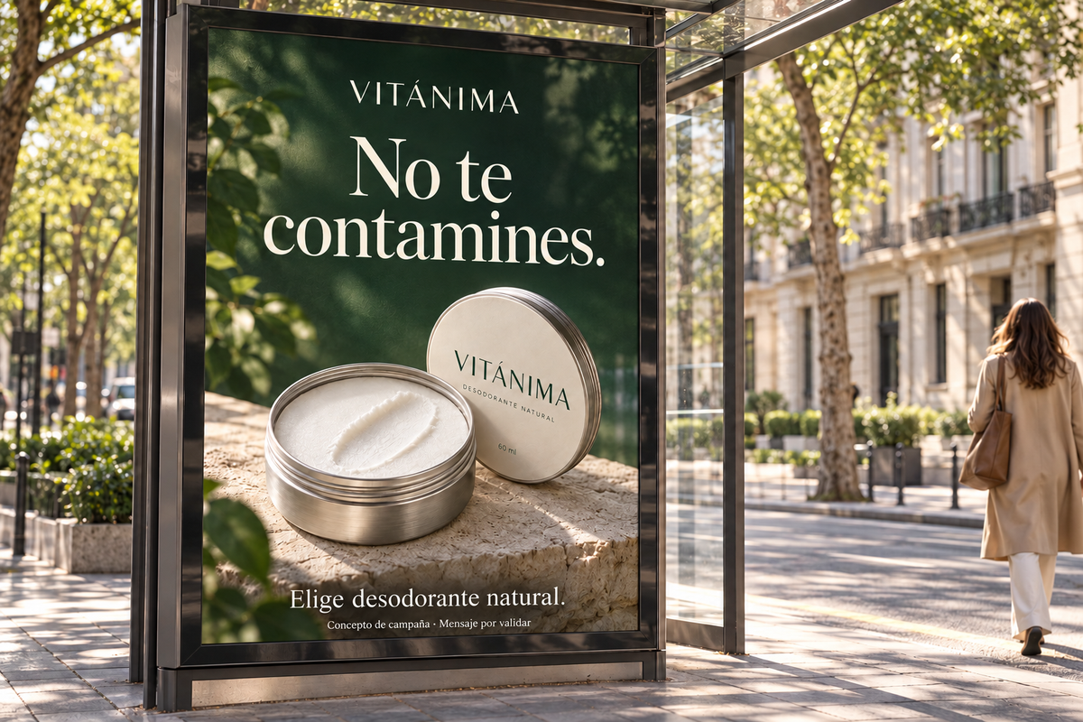 Pieza de paradero: «No te contamines. Elige desodorante natural». Concepto de campaña; mensaje por validar.