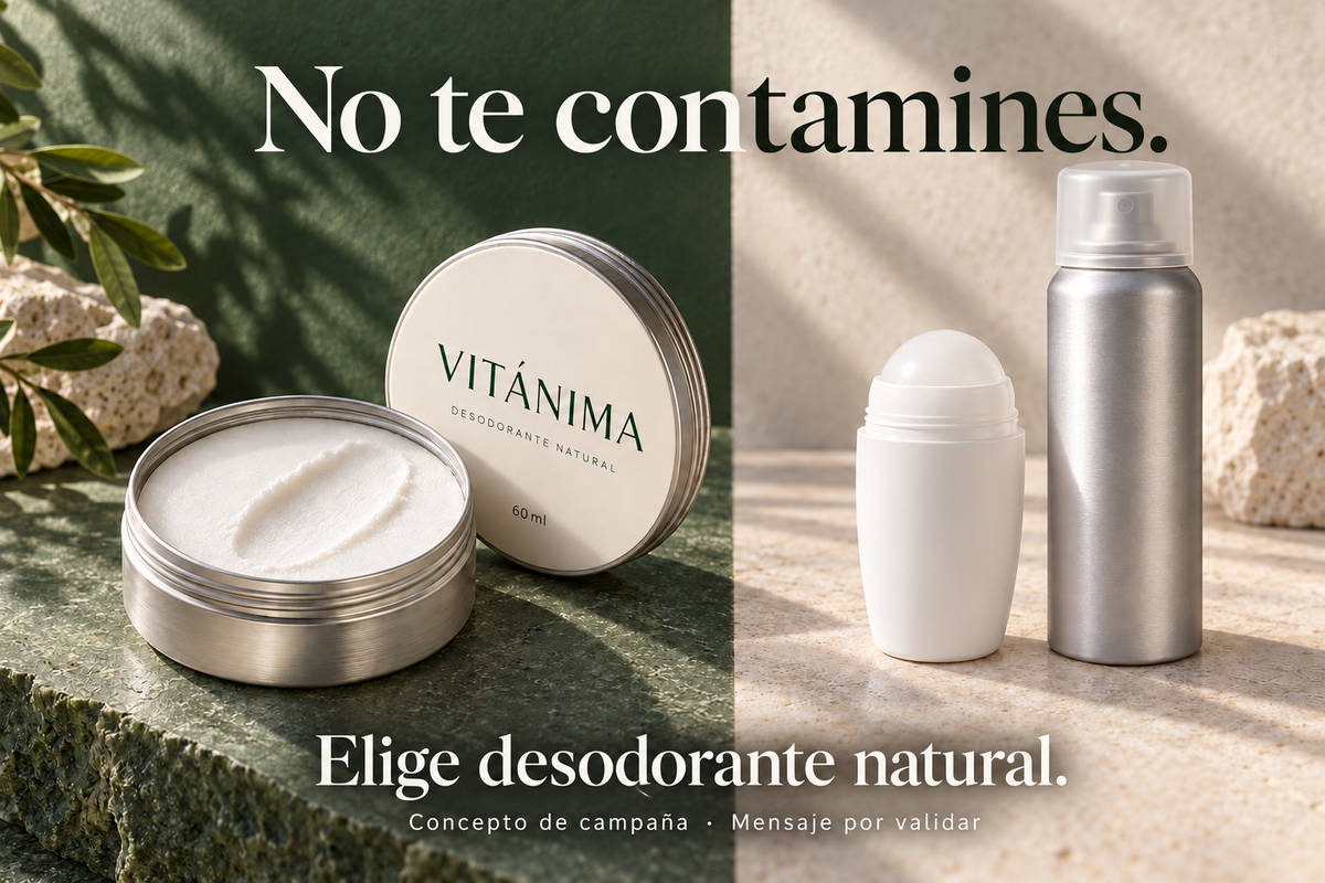 Pieza comparativa: «No te contamines. Elige desodorante natural». Concepto de campaña; mensaje por validar.