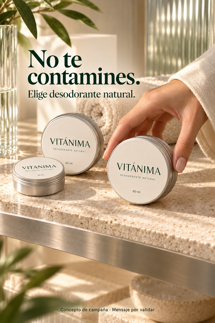 Historia del estante de spa: «No te contamines. Elige desodorante natural». Concepto de campaña; mensaje por validar.