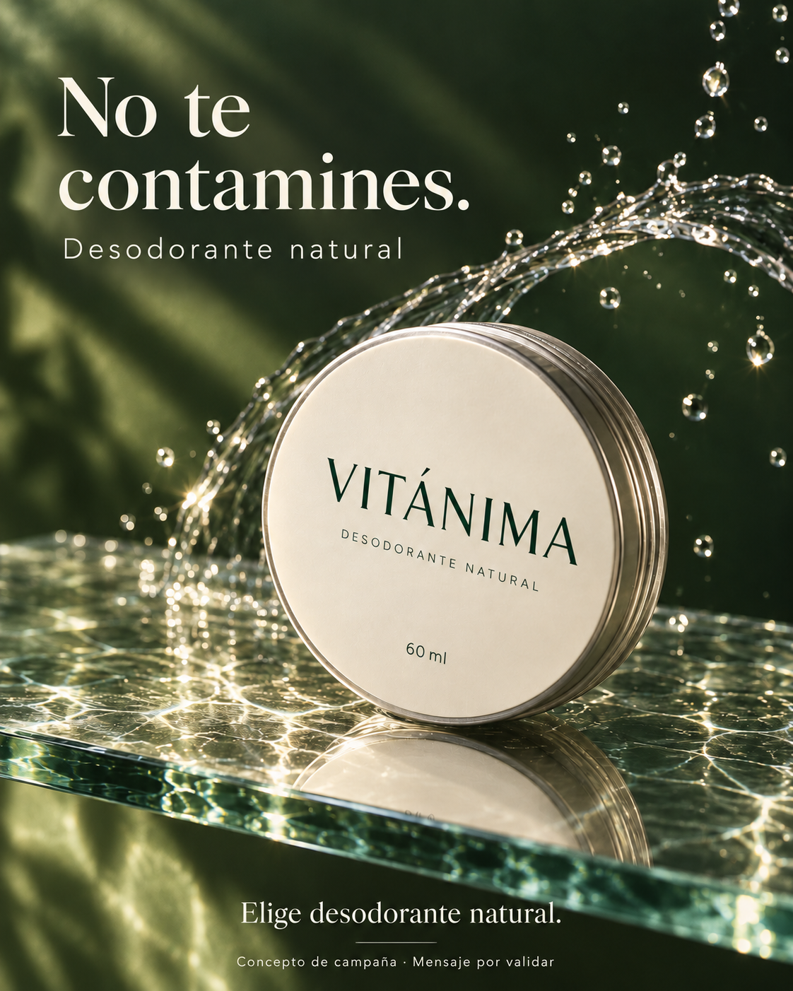 Anuncio principal: «No te contamines. Elige desodorante natural». Concepto de campaña; mensaje por validar.
