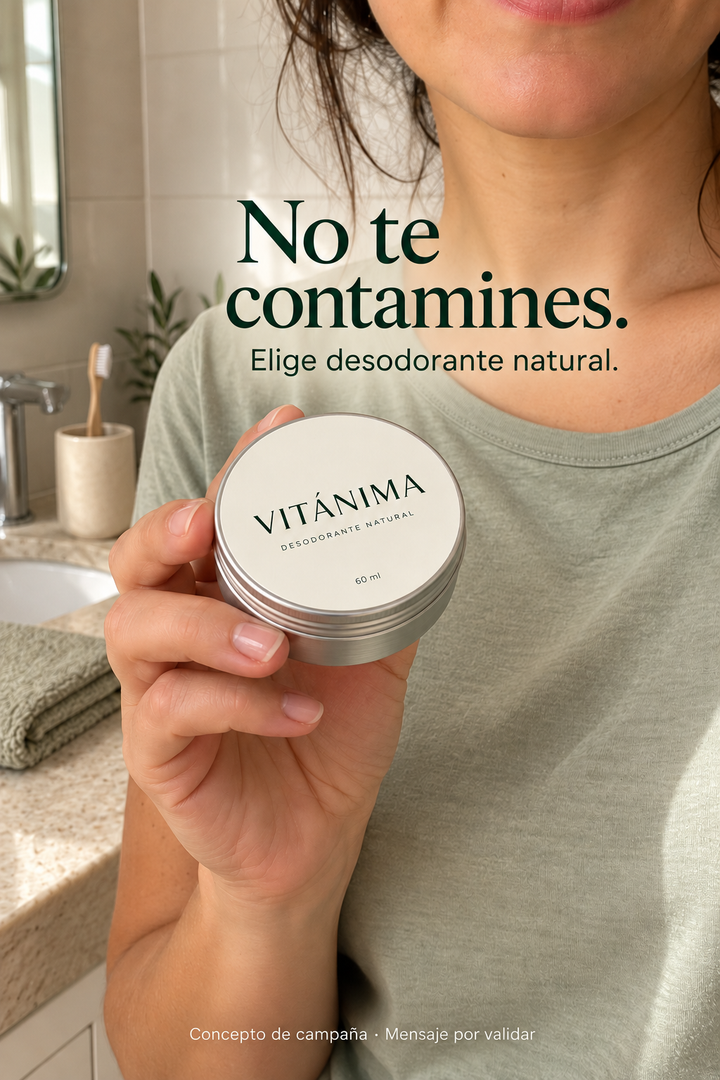 Historia cotidiana: «No te contamines. Elige desodorante natural». Concepto de campaña; mensaje por validar.