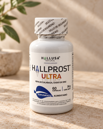 Hallprost Ultra · 60 cápsulas sobre una superficie de piedra clara
