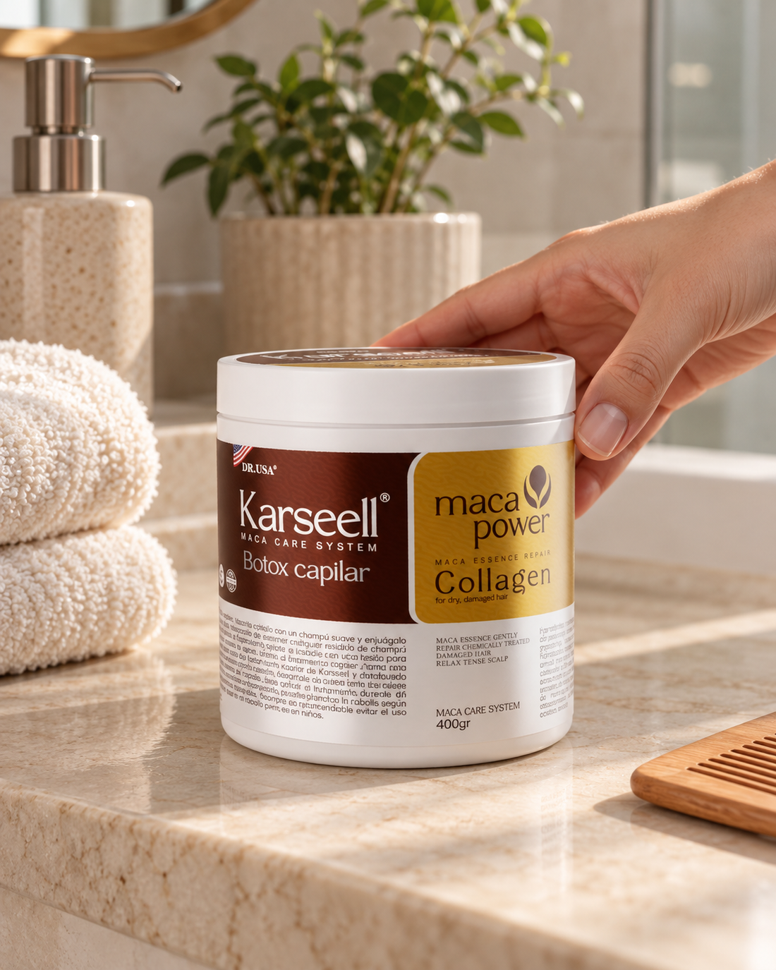 Karseell Botox Capilar · 400 g en una repisa de baño junto a una toalla y un peine