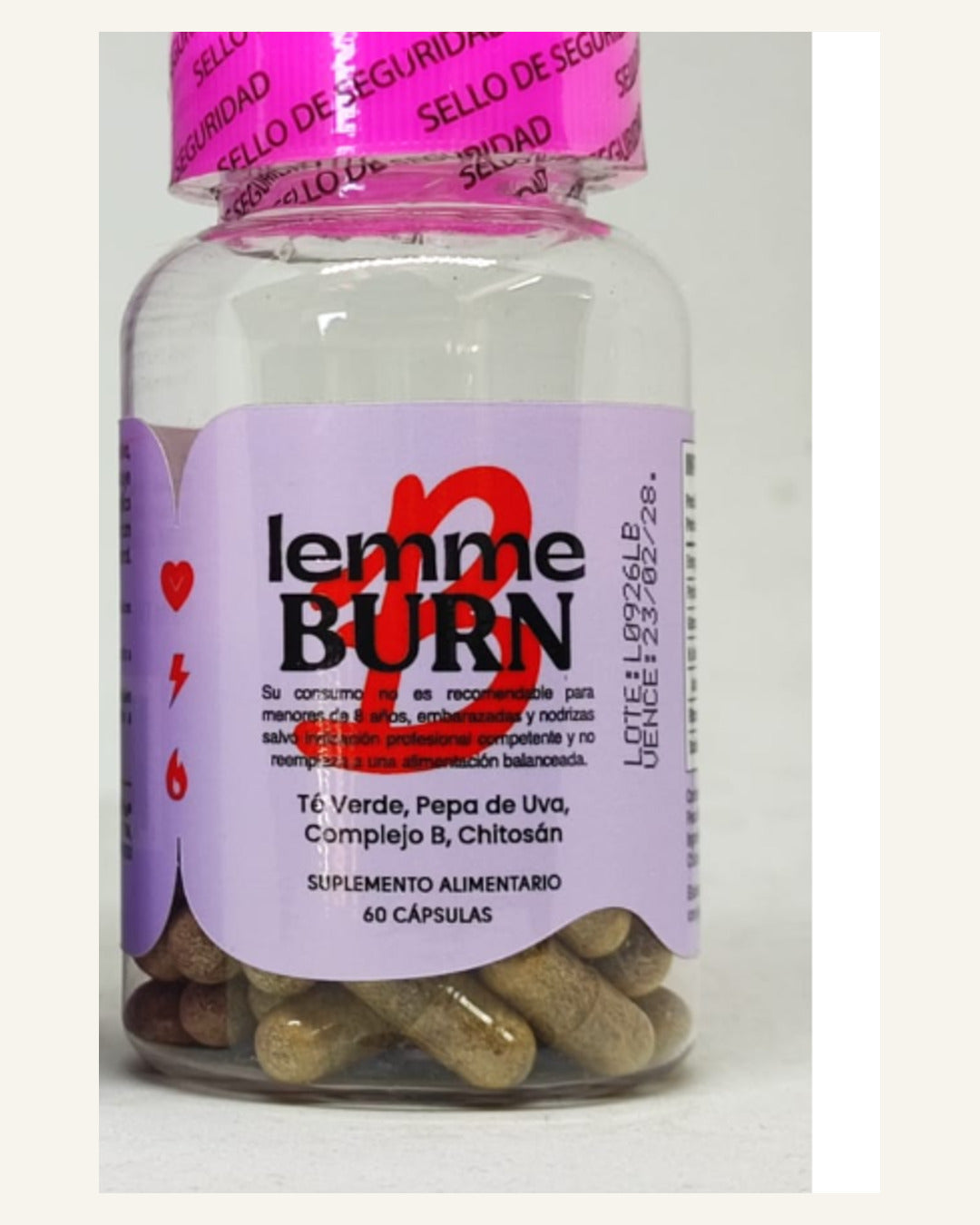 Lemme Burn — envase real y etiqueta