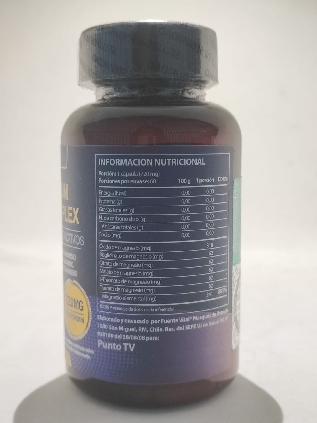 Fotografía real sin editar de la tabla nutricional y procedencia del Magnesio 12 en 1 Totaria Health