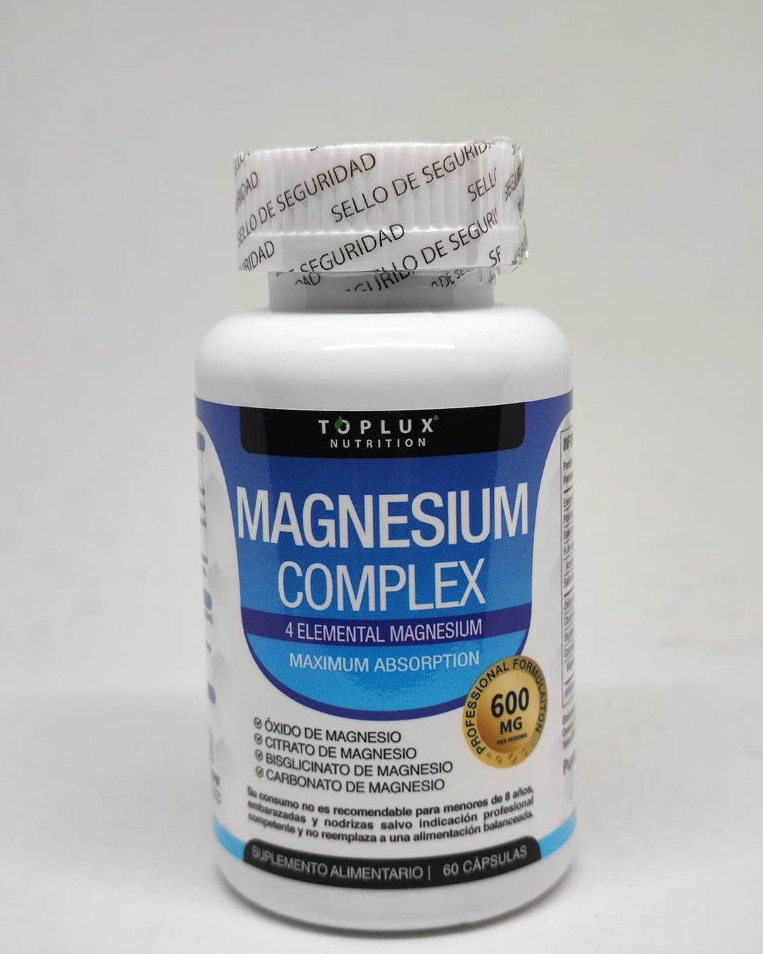 Fotografía frontal real del frasco Magnesio Complex