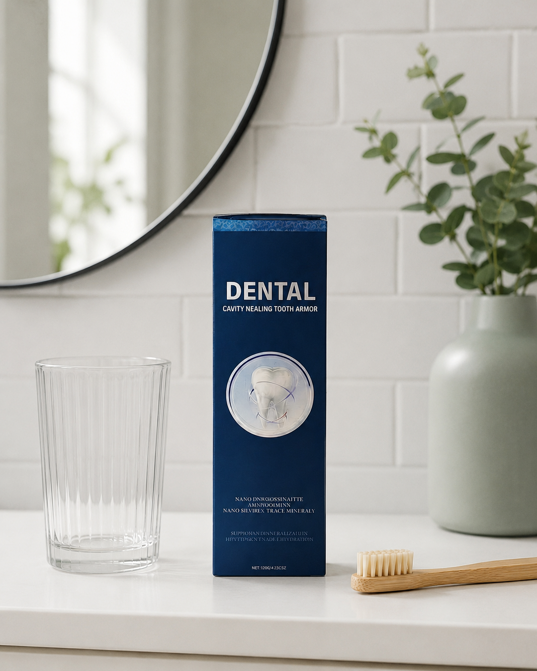 Producto con vaso y cepillo de madera en baño claro