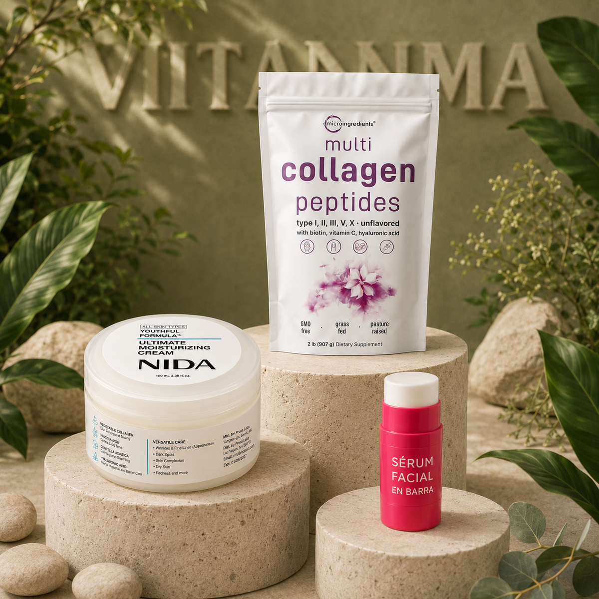 Los tres productos del Pack Piel sobre pedestales de piedra en escena botánica Vitánima