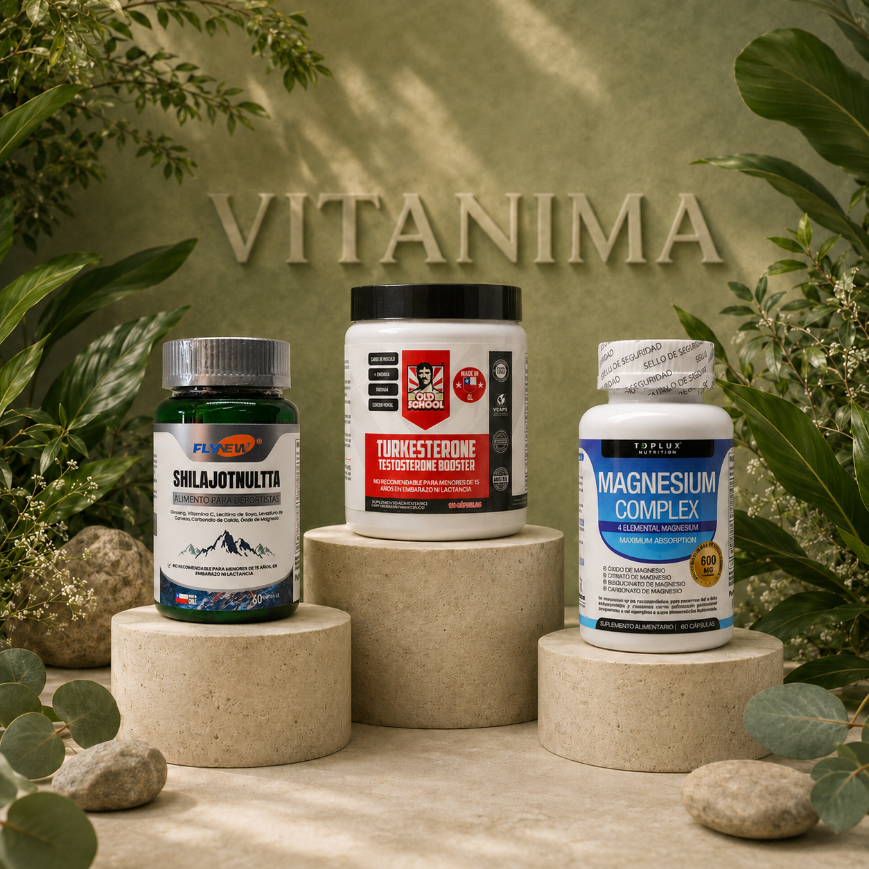 Los tres productos del Pack Rendimiento sobre pedestales de piedra en escena botánica Vitánima