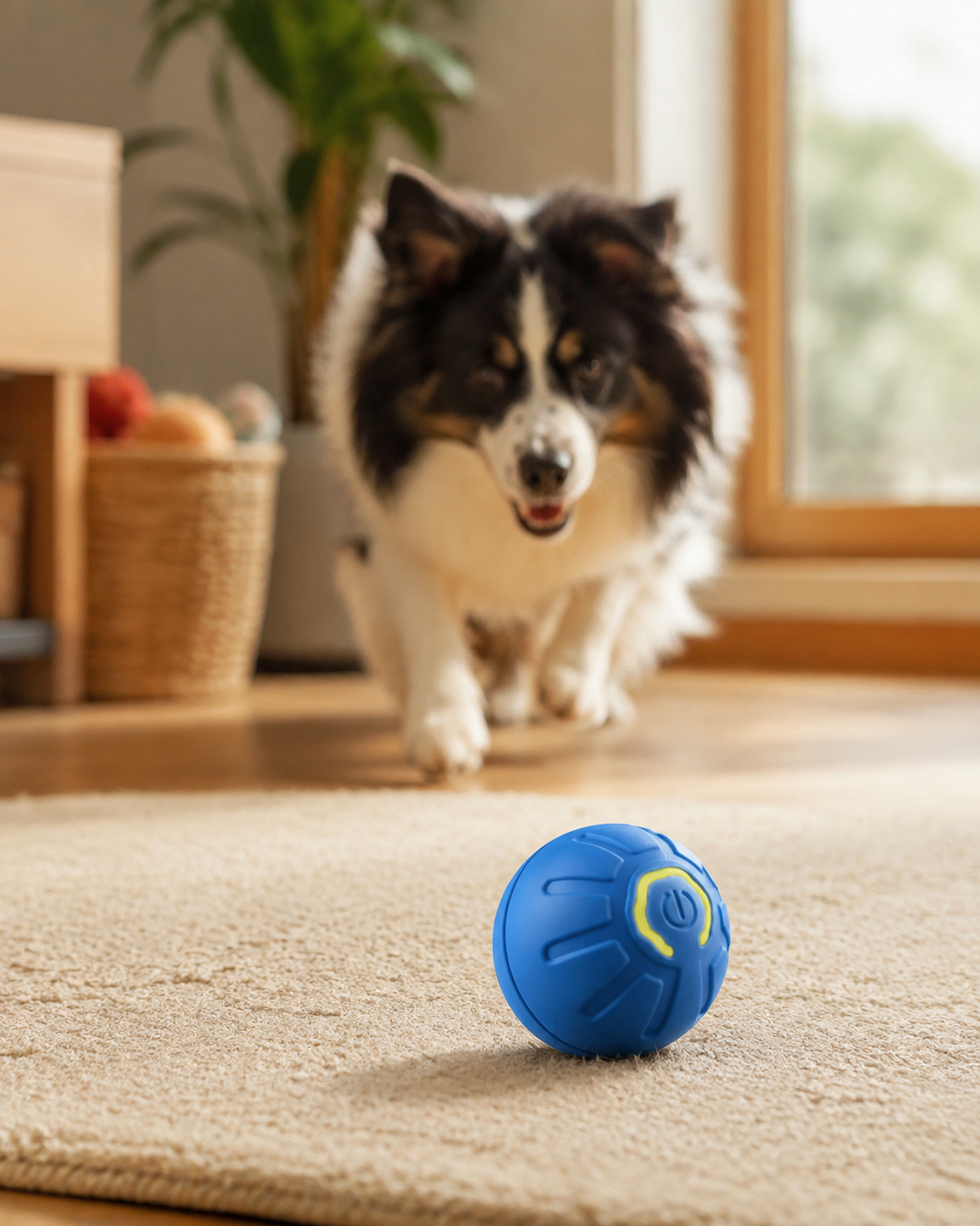Pelota inteligente sobre alfombra junto a un perro atento