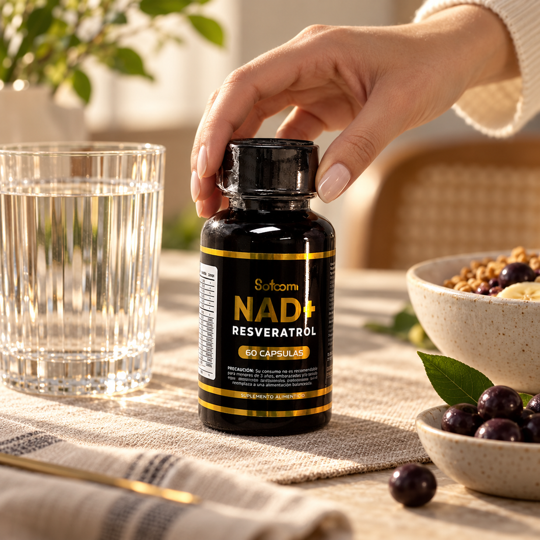 Rutina de desayuno con Satoomi NAD+ Resveratrol