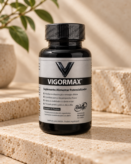 VigorMax · 60 cápsulas sobre una superficie de piedra clara